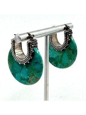 VTG Sterling Silver 925 Large Turquoise Circle Dangle Earrings Size 1.25" Length